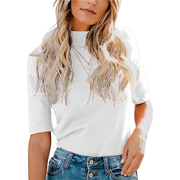 Womens Tops Dressy Casual Fall Cute Tops Mock Turtleneck Business White T Shirts - Picture 1 of 6
